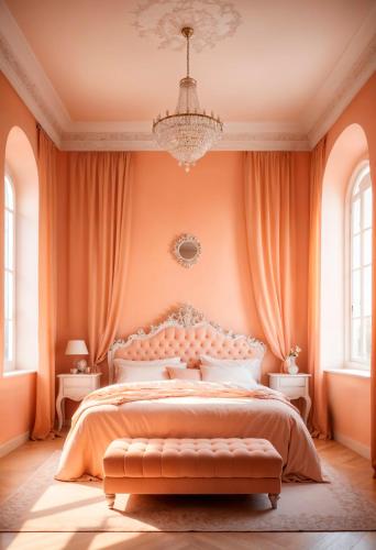 a bedroom with a large bed and a chandelier at Hotel Volga EGG Grand Inn Near Delhi Airport in New Delhi