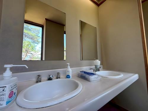 a bathroom with a white sink and a mirror at パークホテル楽々園 in Maebashi