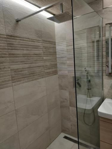 a bathroom with a shower and a sink at Apartman AK Slatinany in Chrudim