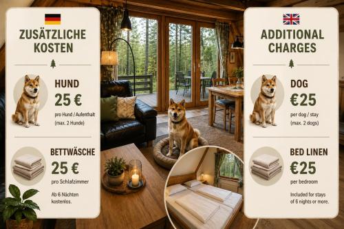 a banner with a dog sitting in a living room at Twiste Retreat 126 - Endreinigung und Handtücher pro Person inklusive in Bad Arolsen