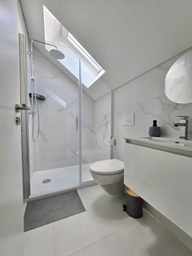 a white bathroom with a shower and a toilet at Domus Viriato in Viseu