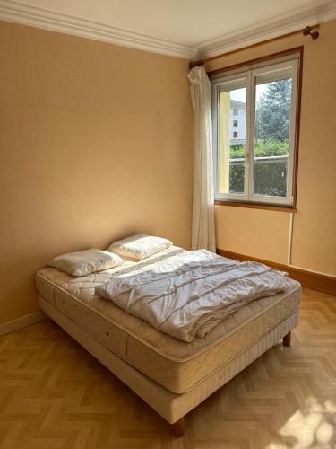 a bed in a bedroom with a window at L'Authentique Jurassien in Champagnole