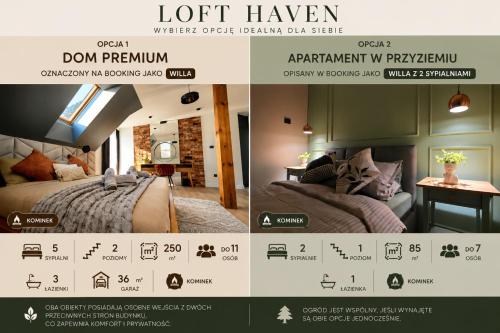 a collage of two pictures of a room with a bed at Loft Haven - Loftowa Przystań in Trzemeszno