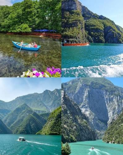 a collage of photos of a lake and a mountain at Hermes Luxury Suites in Gramsh