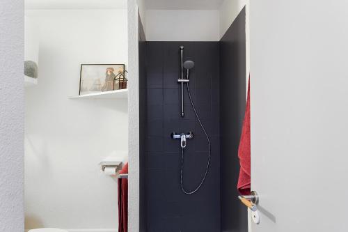 a shower in a bathroom with a blue wall at Le Brienne Toulouse Centre in Toulouse