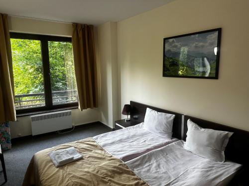 a bedroom with a bed and two windows at Pirin Getaway Heaven in Razlog