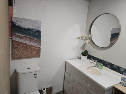 a bathroom with a sink and a mirror at Affordable pit stop Te Horo Beach in Te Horo