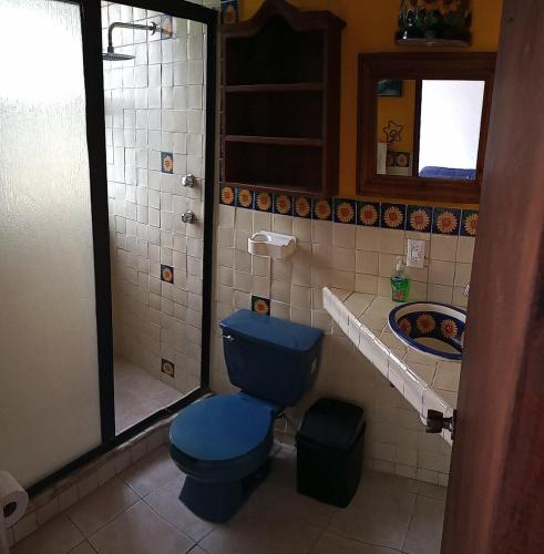a bathroom with a blue toilet and a shower at Finca Taino. Hermosa casa con alberca in Jiutepec