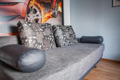 a gray couch with two pillows on it at Dom Bory Tucholskie Jeziora , Rzeka Brda, Spływy Kajakowe in Gostyczyn