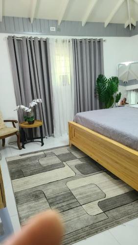 a bedroom with a bed and a table and curtains at Lorenton Hideaway Studio in Lucea