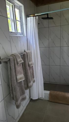 a bathroom with towels and a shower with a window at Lorenton Hideaway Studio in Lucea