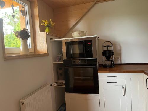 a kitchen with a black microwave and a window at Auszeit im Hunsrück in Braunshorn