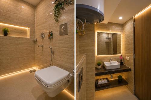 two pictures of a bathroom with a toilet and a sink at HOTEL D'CAPITOL - DELHI AiRPORT in New Delhi