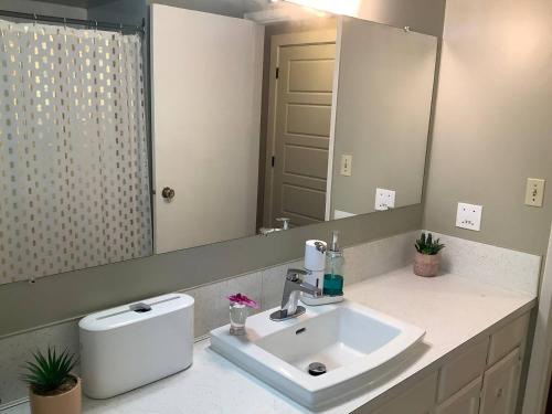 a bathroom with a sink and a large mirror at Cozy nest in Coquitlam