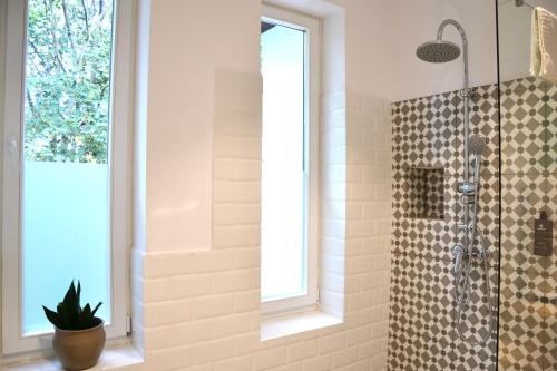 a bathroom with a shower and a window at Sándor János Villa in Sovata