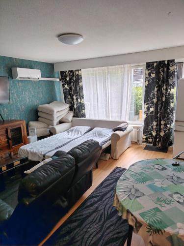 a bedroom with a bed and a couch and a table at Jyrängön Helmi in Heinola
