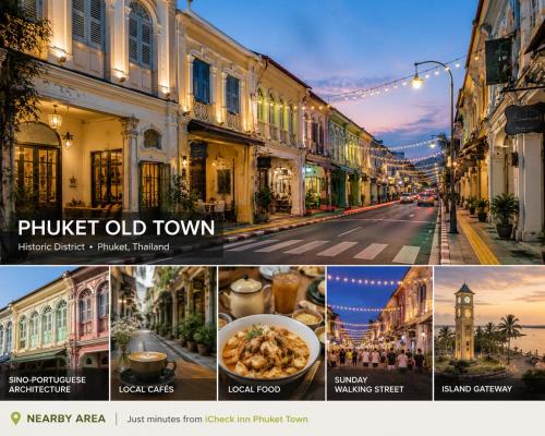 a collage of photos of a city with a street at iCheck inn Phuket Town in Phuket