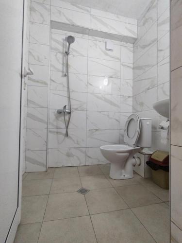 a white bathroom with a toilet and a shower at Tangra Guest House in Arapya