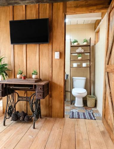 a bathroom with a toilet and a television on a wall at Sp Atmatla Zacatlan Cabins in Zacatlán
