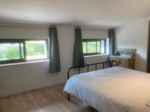 a bedroom with a bed and two windows at Atelier chambres in Semur-en-Auxois