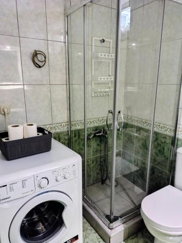 a washing machine in a bathroom with a shower at Apartmani Ribar in Ohrid
