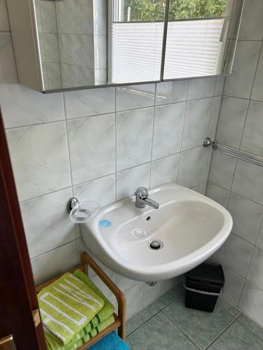 a bathroom with a white sink and a mirror at Ferienwohnungen am Wald in Lütow