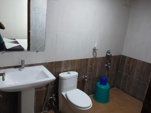 a bathroom with a sink and a toilet and a mirror at Cross Bill Beach Resort in Havelock Island