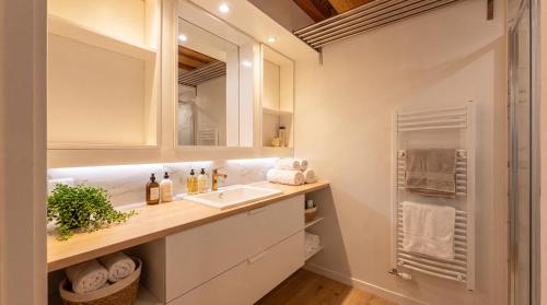 a bathroom with a sink and a mirror at Les sapins verts - vue haras in Saint Lo