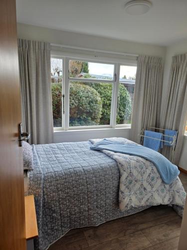 a bedroom with a bed and a large window at Annie's in Methven
