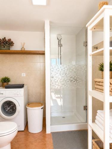 a bathroom with a shower and a washing machine at Pico Colorao Loft in Soo