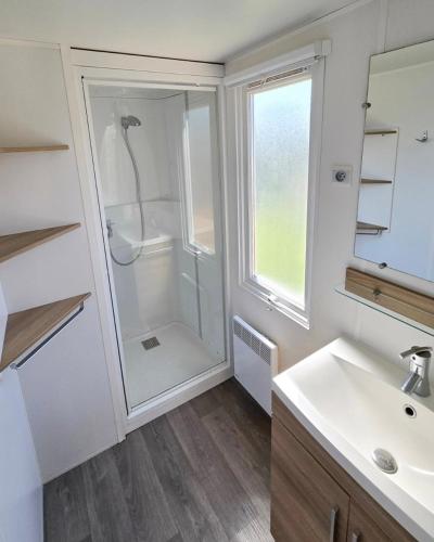 a bathroom with a shower and a sink at Parc St Vincent in La Celle-sous-Gouzon