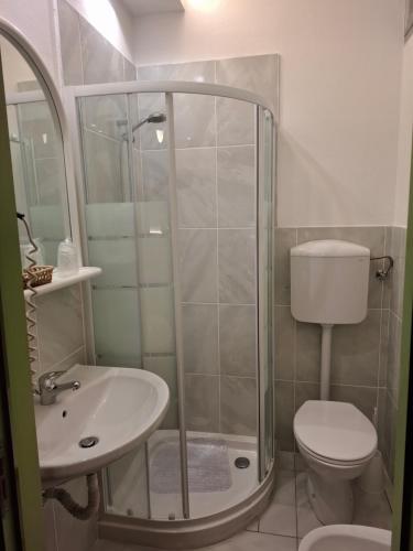 a bathroom with a shower and a toilet and a sink at Hotel Pierina in Castrocaro Terme
