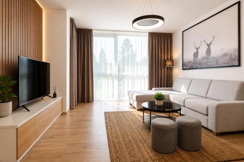 a living room with a couch and a tv at Evergreen Tale Apartman F2 in Tale