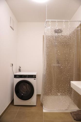 a washing machine in a bathroom next to a sink at Moderne Sauerhof Apartments in Baden