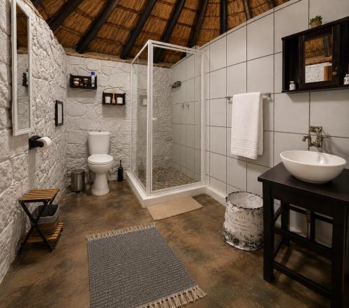 a bathroom with a shower and a toilet and a sink at Riverman Cabin Country Lodge - Tonteldoos in Tonteldoos
