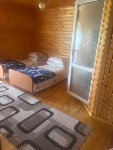 two beds in a room with a window and a rug at Ілона in Beregi