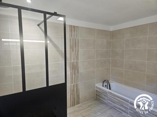 a shower with a glass door in a bathroom at Le grand gîte de souels in Almayrac
