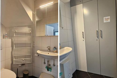 two pictures of a bathroom with a sink and a toilet at Doppelhaushaelfte-Luette-Sprotte in Böhl
