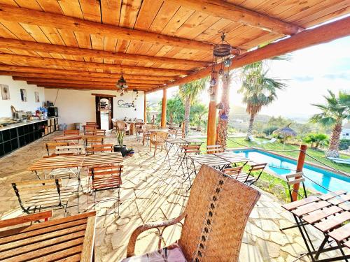a patio with tables and chairs and a pool at B&B La Nava Suites in Mojácar