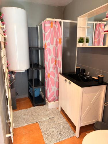 a bathroom with a pink shower curtain and a sink at Studio centre du village in Tende