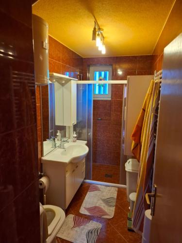 a bathroom with a sink and a toilet and a shower at Apartman National 2 in Velika Kladuša