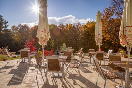 a group of tables and chairs with umbrellas at Cetatuia in Măgura