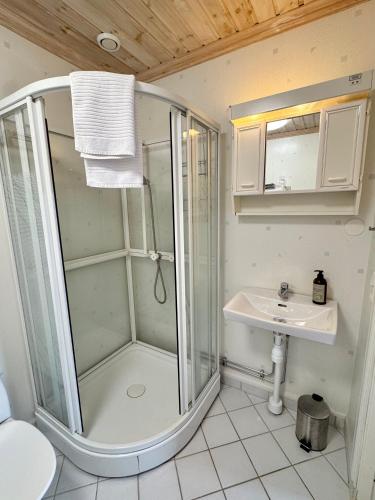 a bathroom with a shower and a sink at GG Village in Askim