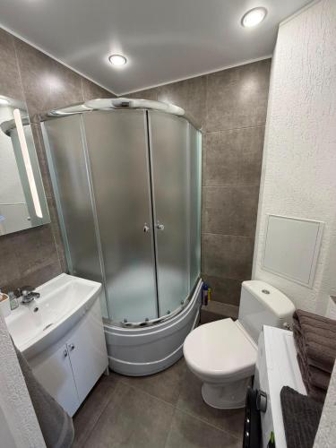 a bathroom with a shower and a toilet and a sink at Bright & Brand New Appartment in Liepāja