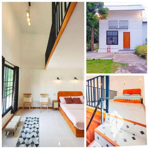 two pictures of a house with a bed and a balcony at ห่มดาวฮิลล์ in Amphoe Chiang Khan