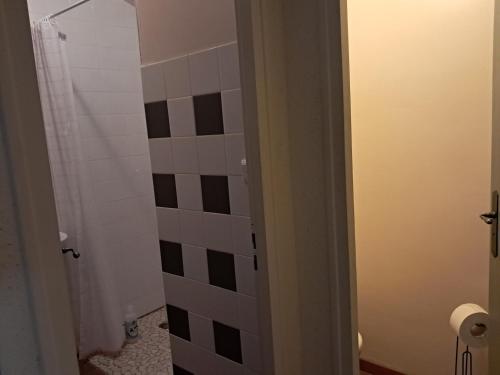 a bathroom with a black and white tiled shower at L'auberge Chris and Chris in Retjons