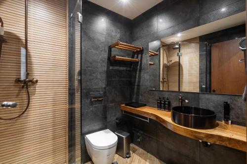a bathroom with a toilet and a sink at Lens Design Hotel in Kazbegi