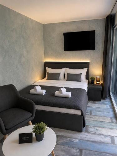 a bedroom with a bed with a television and a chair at MAX Dunaj in Trstice