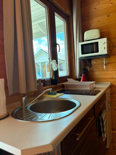 a kitchen with a sink and a microwave at Domki Bałtyku Szept in Darłowo