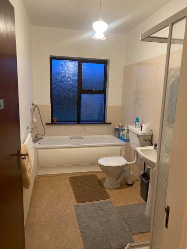 a bathroom with a tub and a toilet and a sink at Farrihy Hill House in Doonbeg